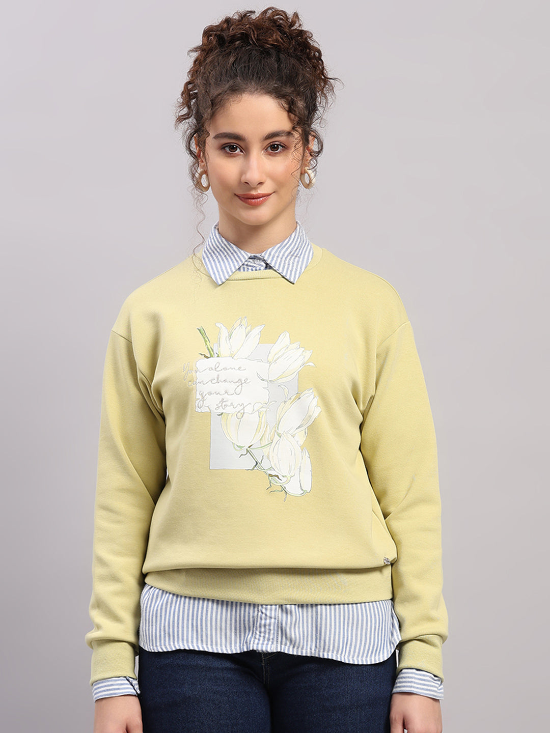 Women Green Printed Round Neck Full Sleeve Sweatshirt