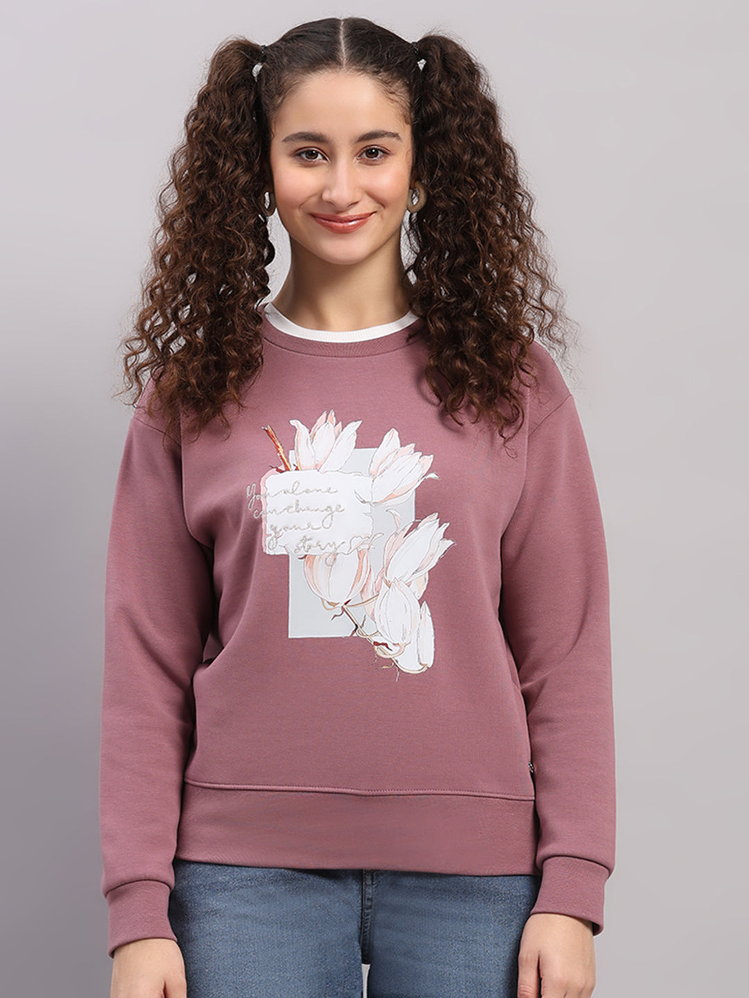 Women Mauve Printed Round Neck Full Sleeve Sweatshirt