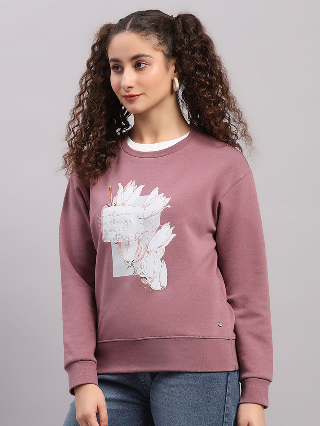 Women Mauve Printed Round Neck Full Sleeve Sweatshirt