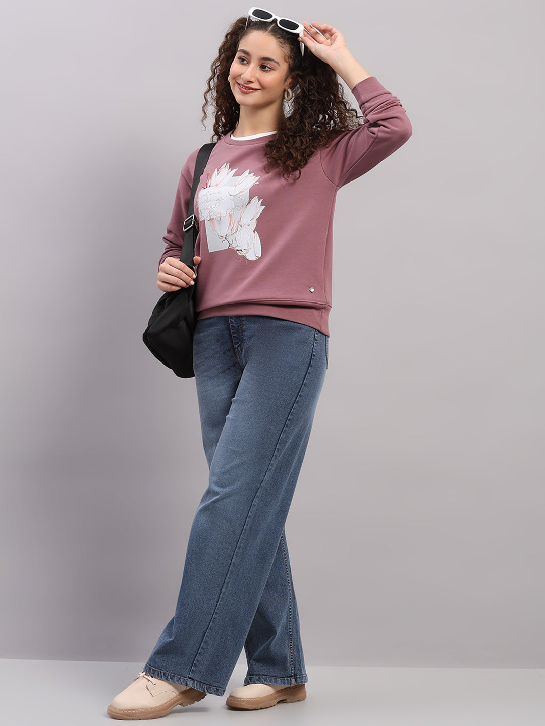 Women Mauve Printed Round Neck Full Sleeve Sweatshirt