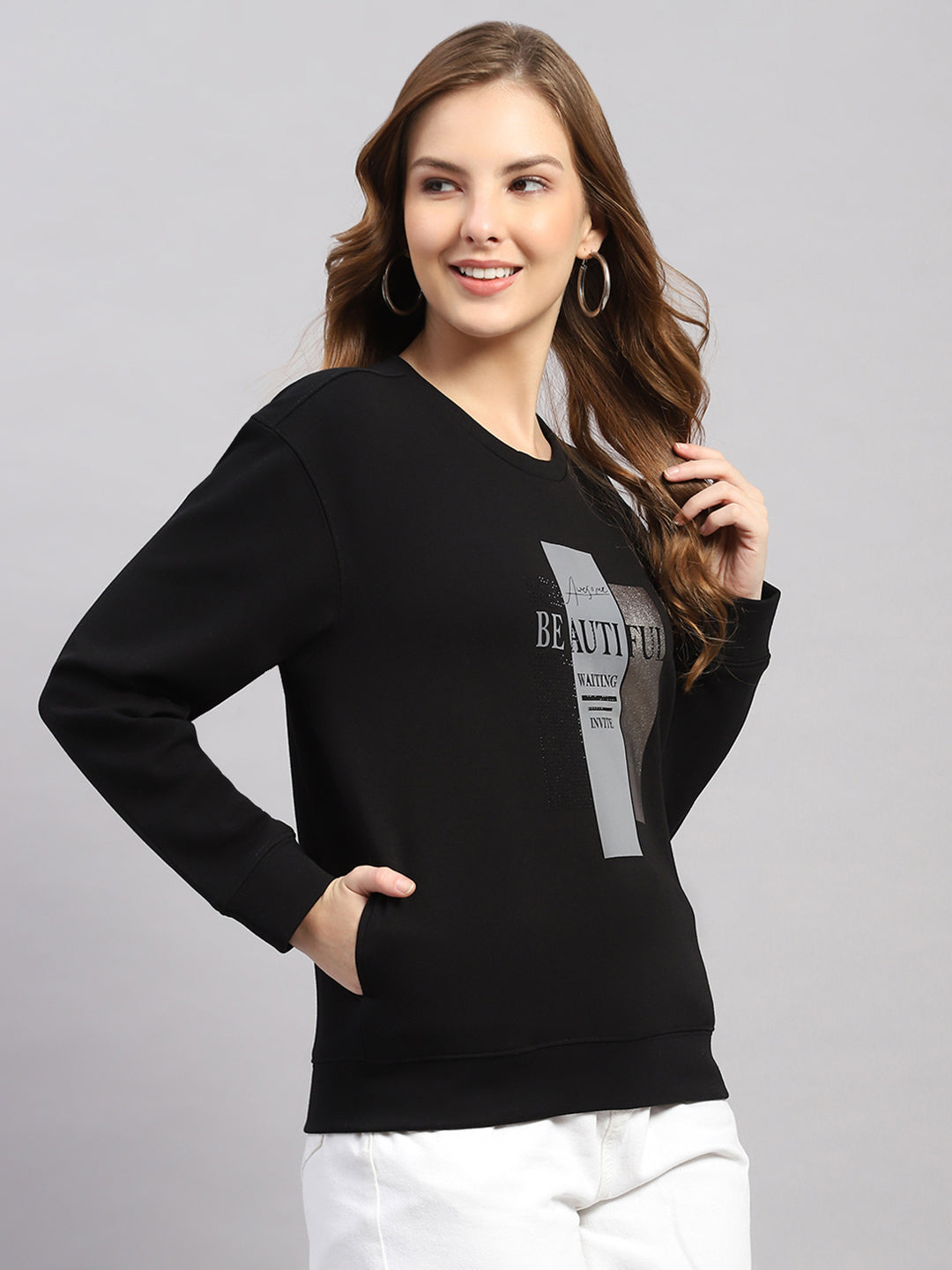 Women Black Printed Round Neck Full Sleeve Sweatshirt