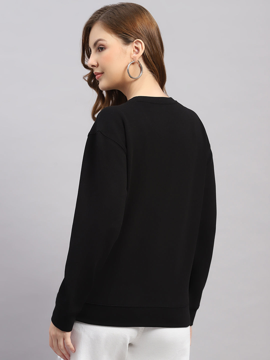 Women Black Printed Round Neck Full Sleeve Sweatshirt