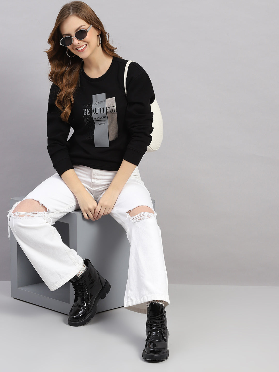 Women Black Printed Round Neck Full Sleeve Sweatshirt