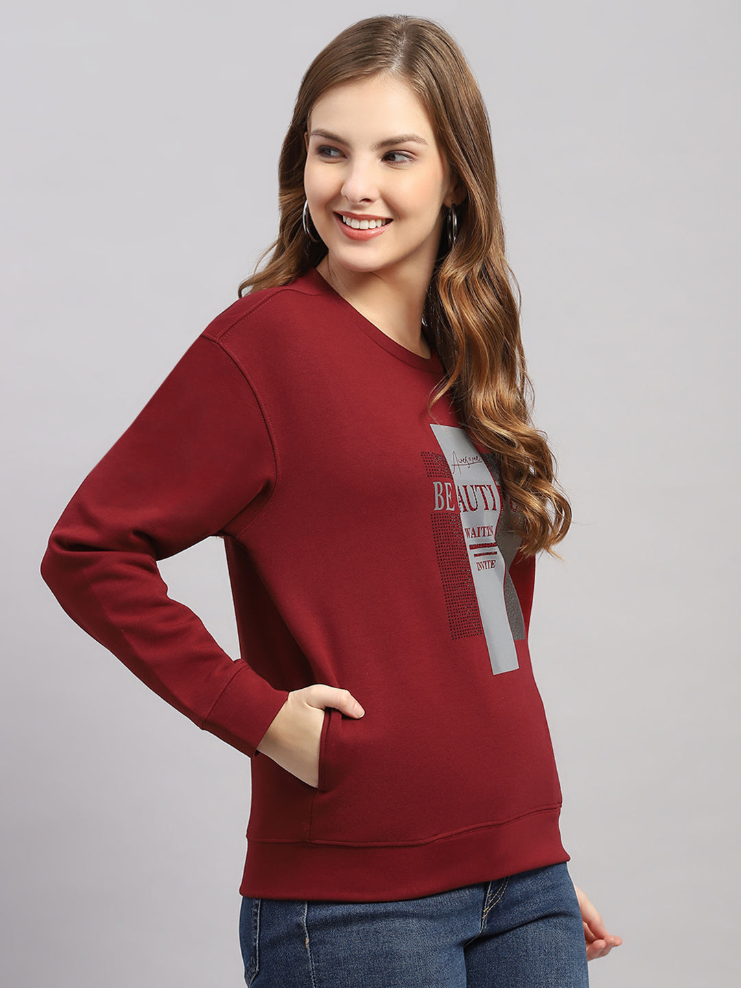Women Maroon Printed Round Neck Full Sleeve Sweatshirt
