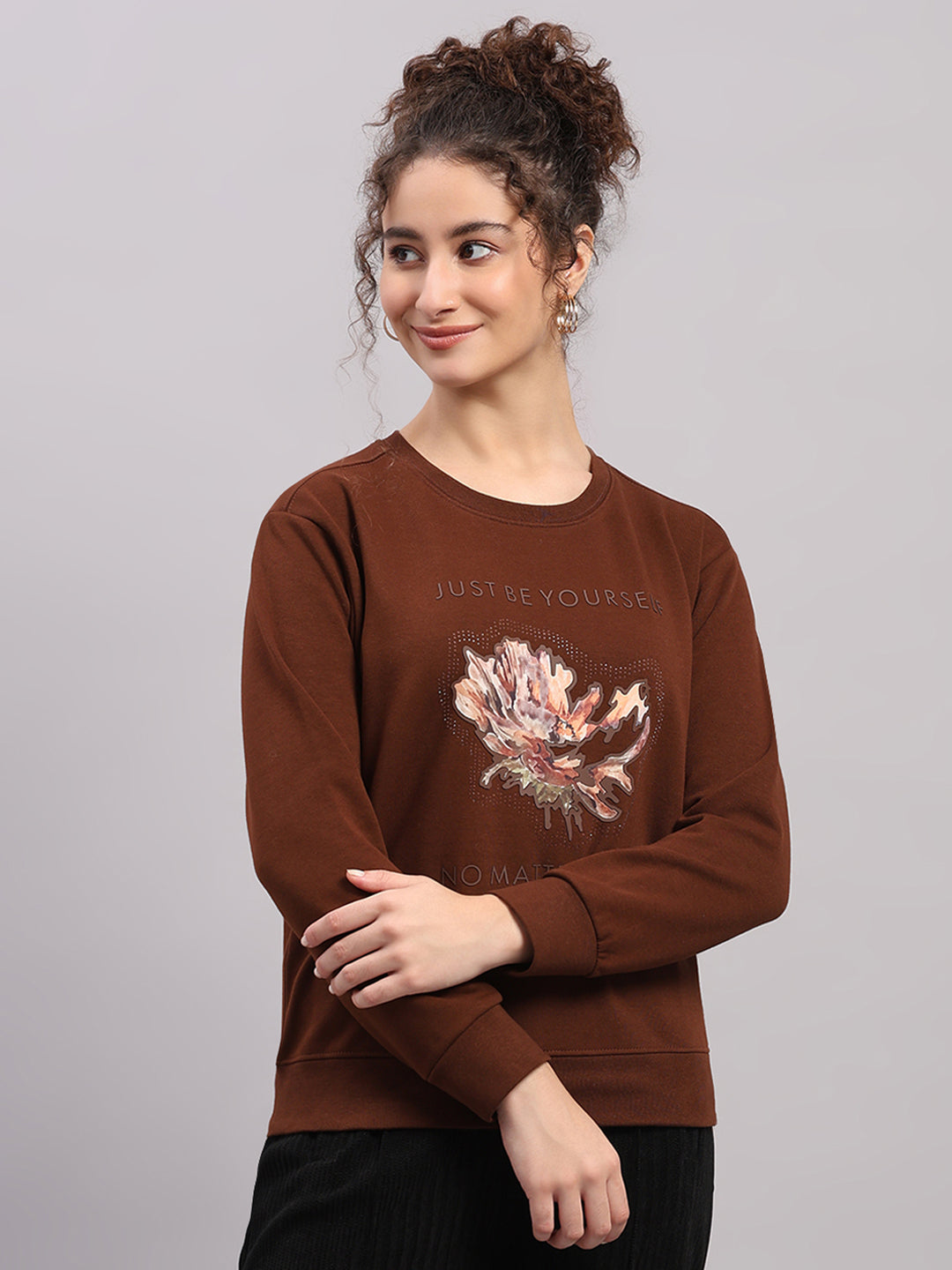 Women Brown Printed Round Neck Full Sleeve Sweatshirt