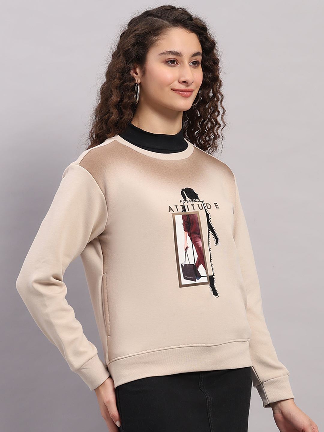 Women Beige Printed Round Neck Full Sleeve Sweatshirt