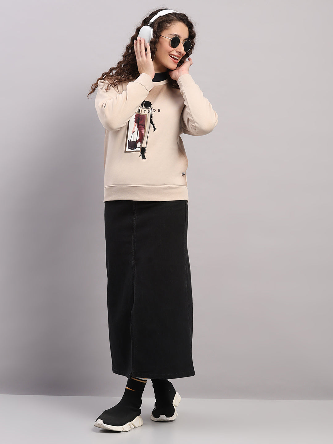 Women Beige Printed Round Neck Full Sleeve Sweatshirt