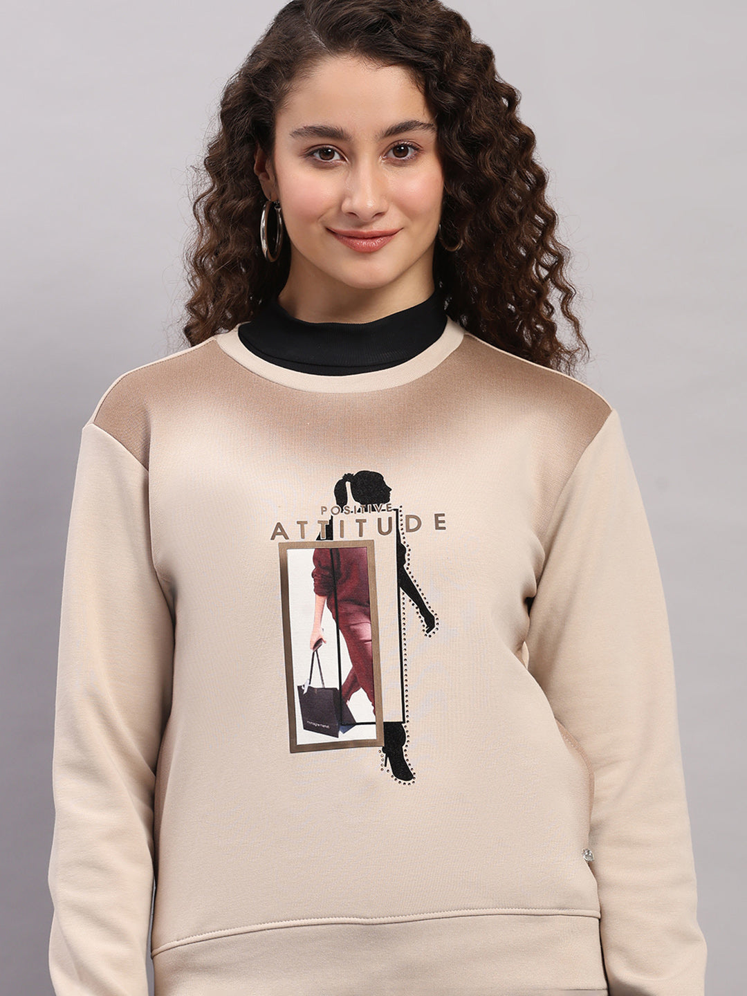 Women Beige Printed Round Neck Full Sleeve Sweatshirt