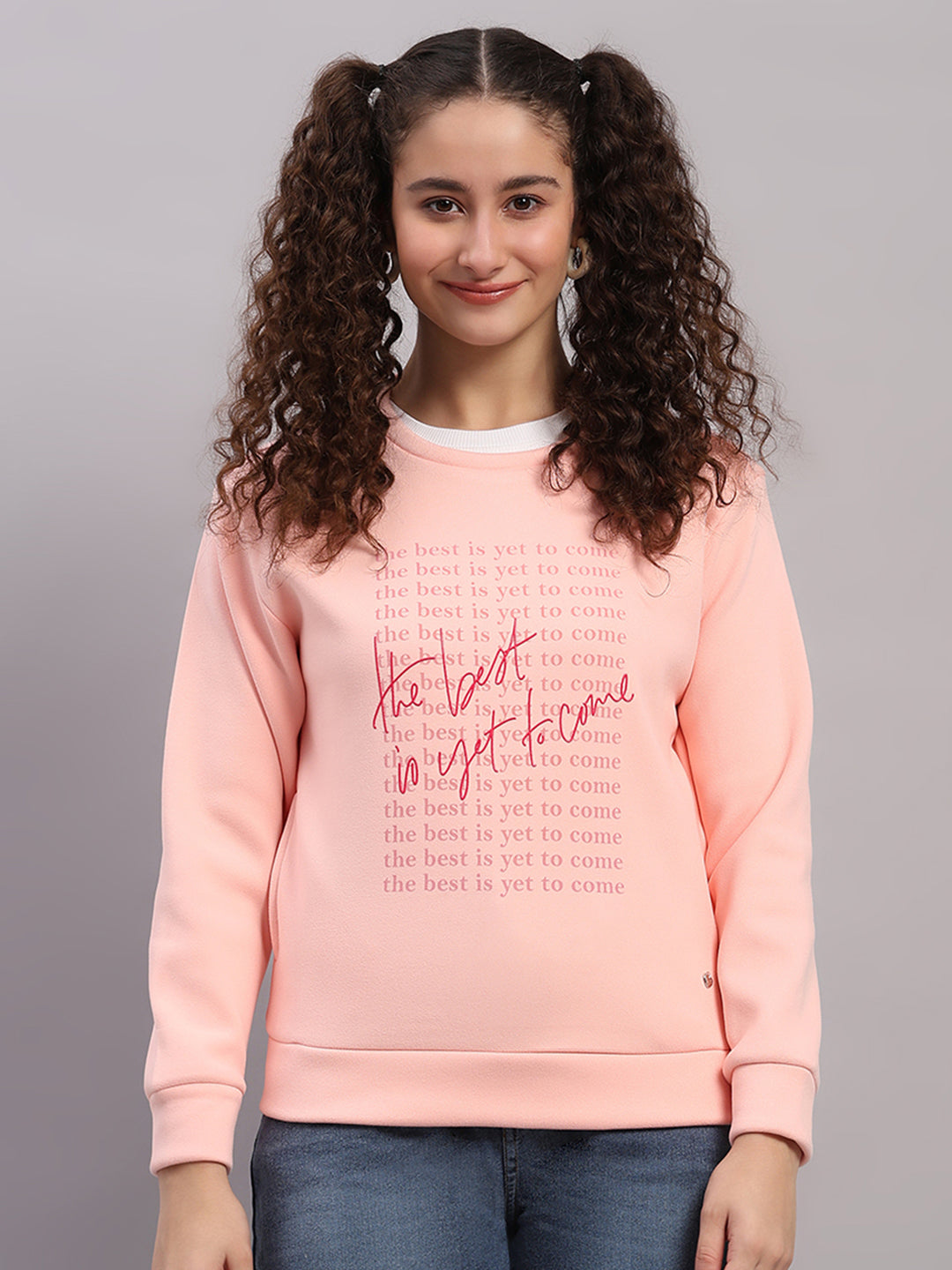 Women Pink Printed Round Neck Full Sleeve Sweatshirt