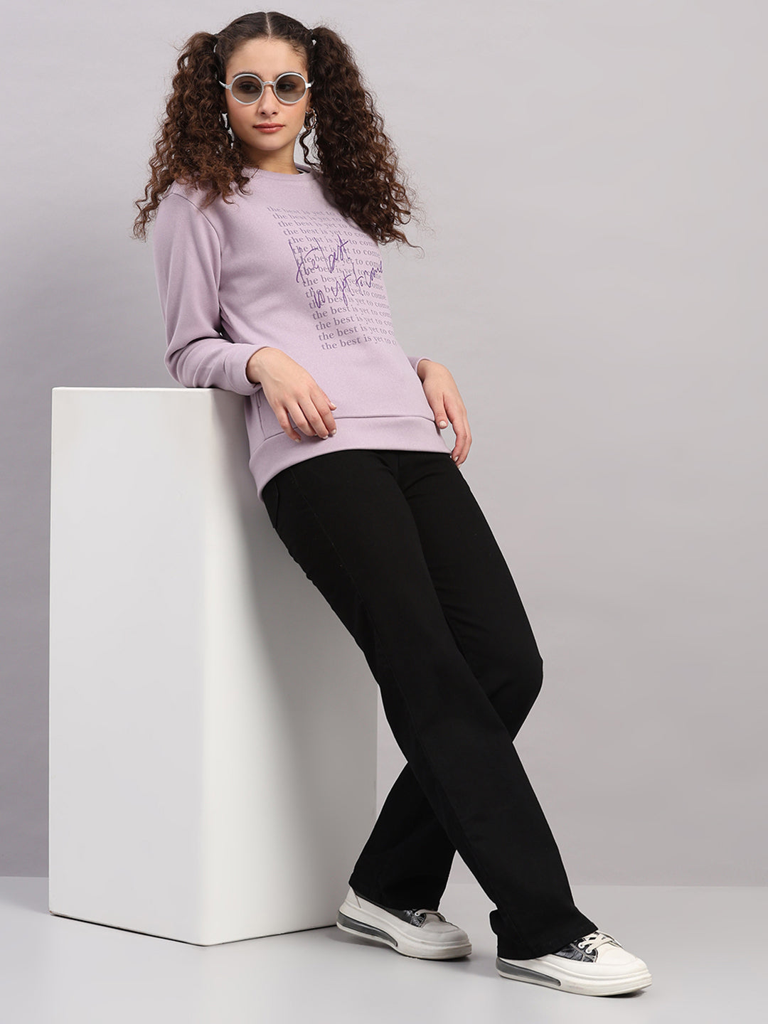 Women Purple Printed Round Neck Full Sleeve Sweatshirt