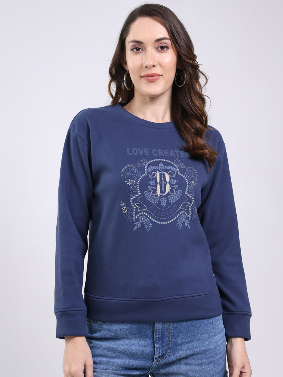 Women Navy Blue Printed Round Neck Full Sleeve Sweatshirt
