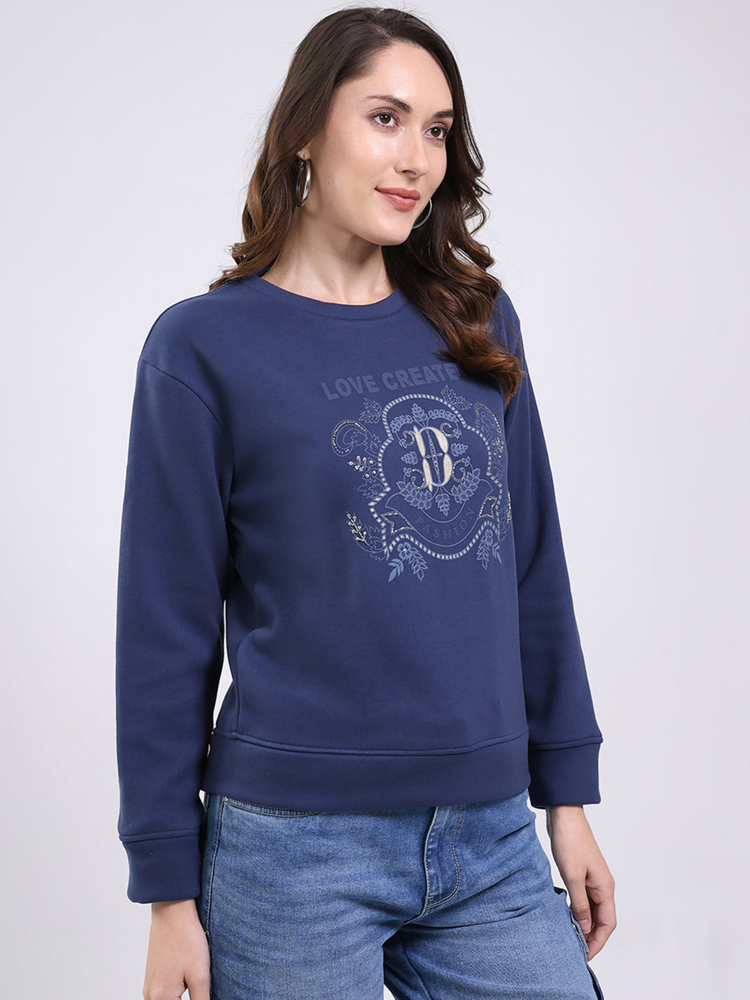 Women Navy Blue Printed Round Neck Full Sleeve Sweatshirt