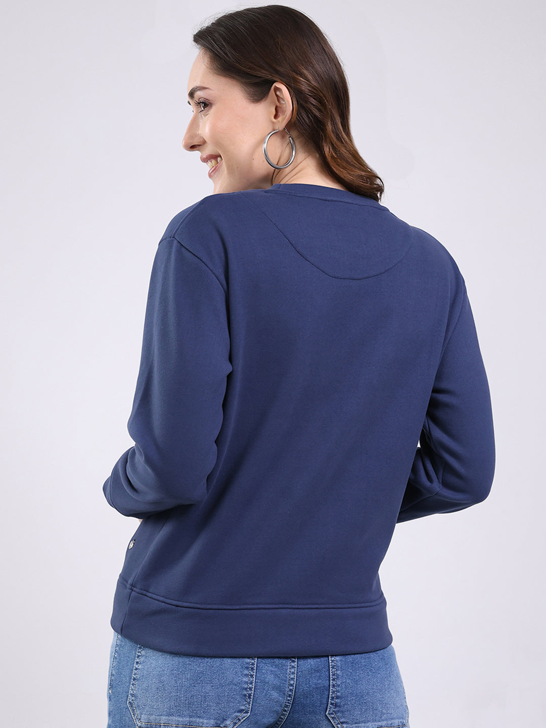 Women Navy Blue Printed Round Neck Full Sleeve Sweatshirt