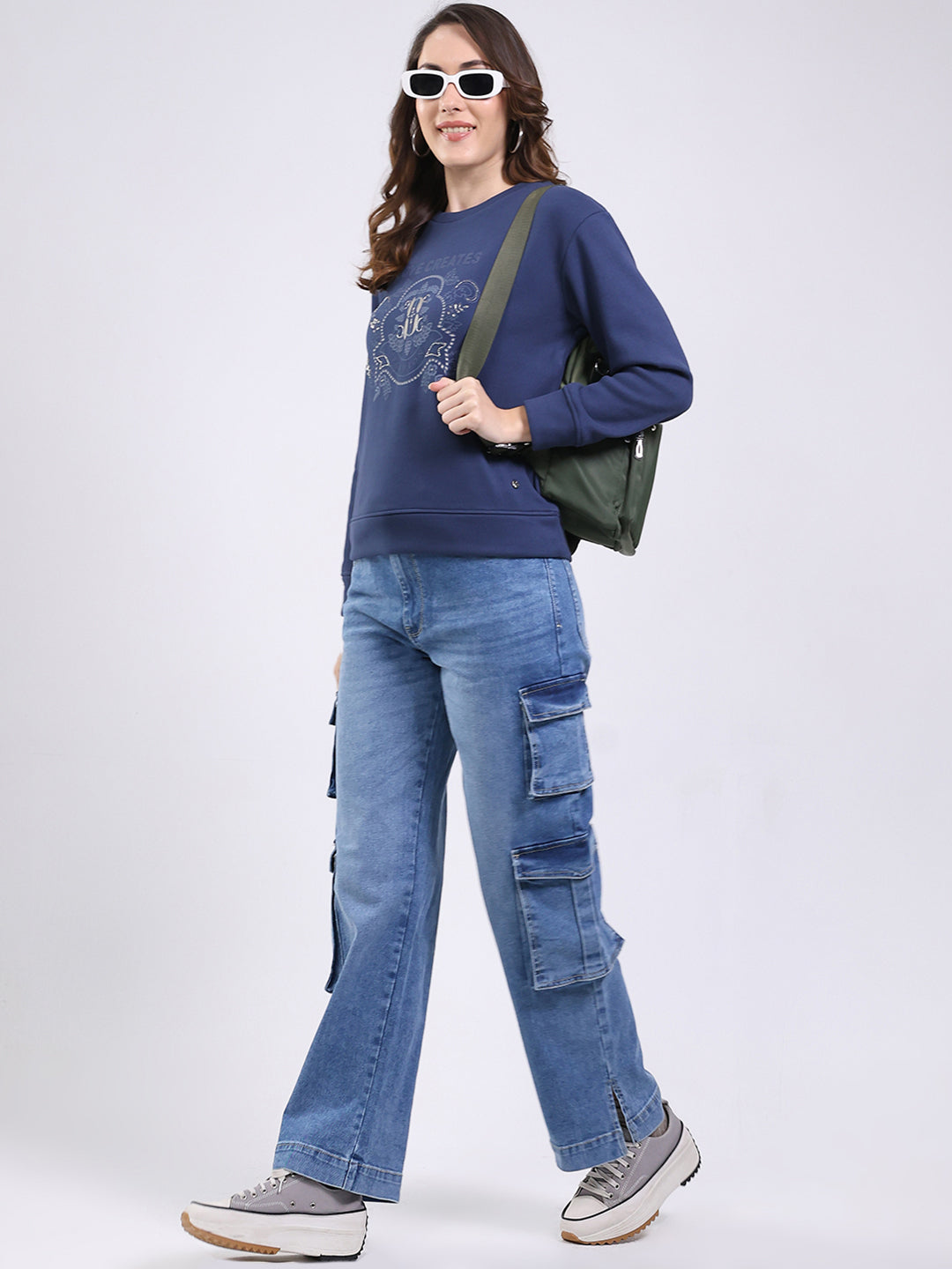 Women Navy Blue Printed Round Neck Full Sleeve Sweatshirt