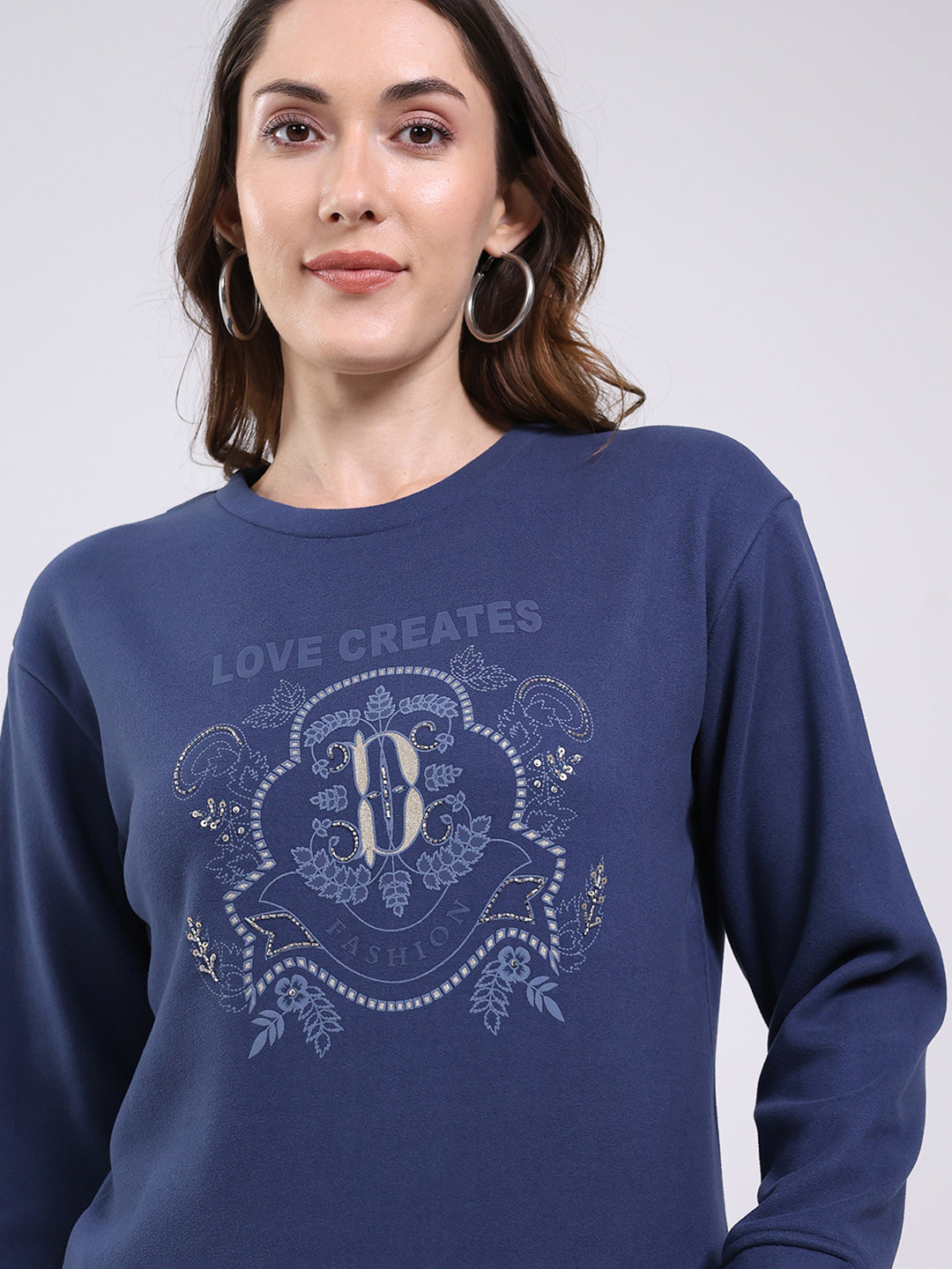 Women Navy Blue Printed Round Neck Full Sleeve Sweatshirt