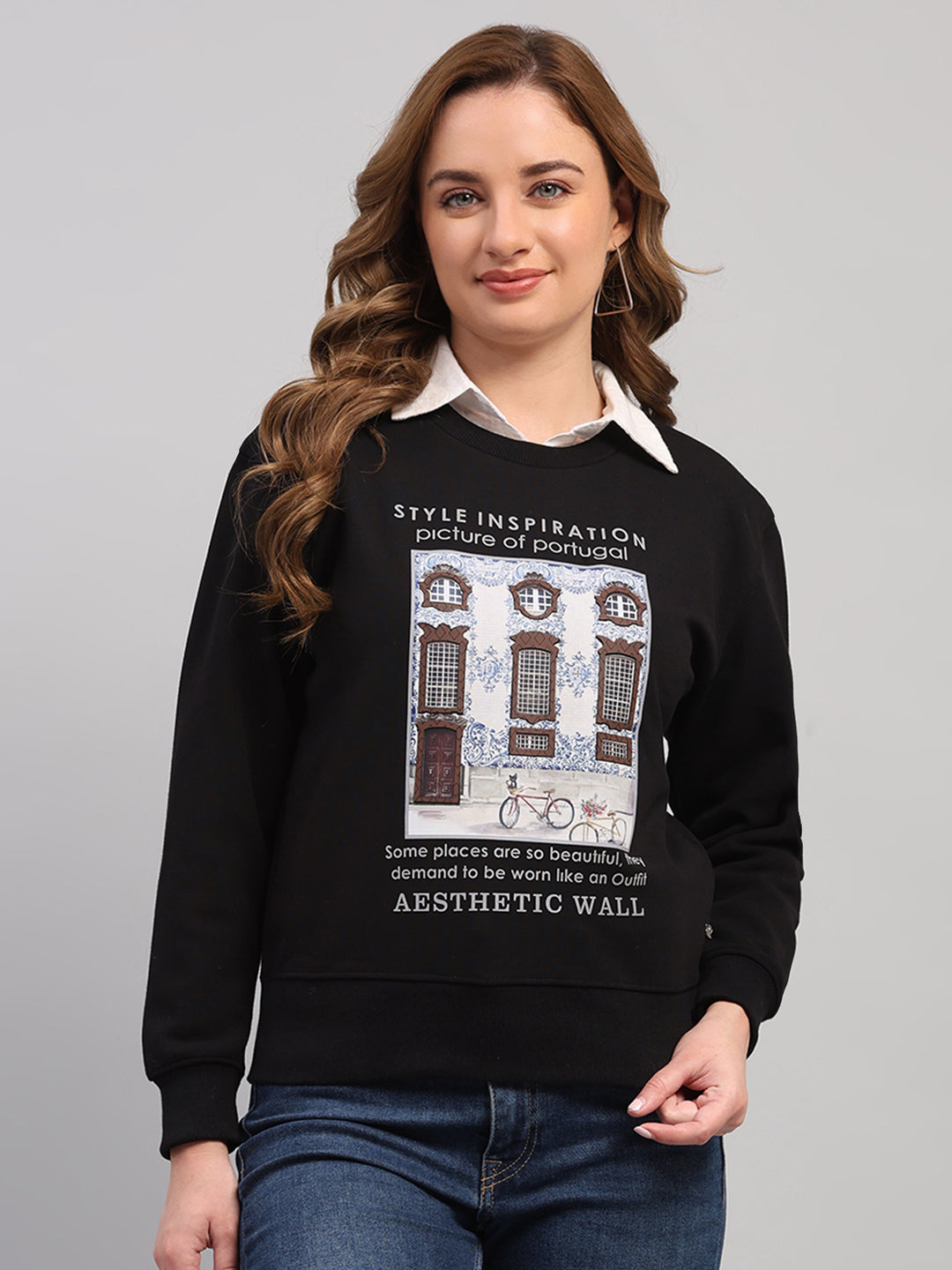 Women Black Printed Round Neck Full Sleeve Sweatshirt