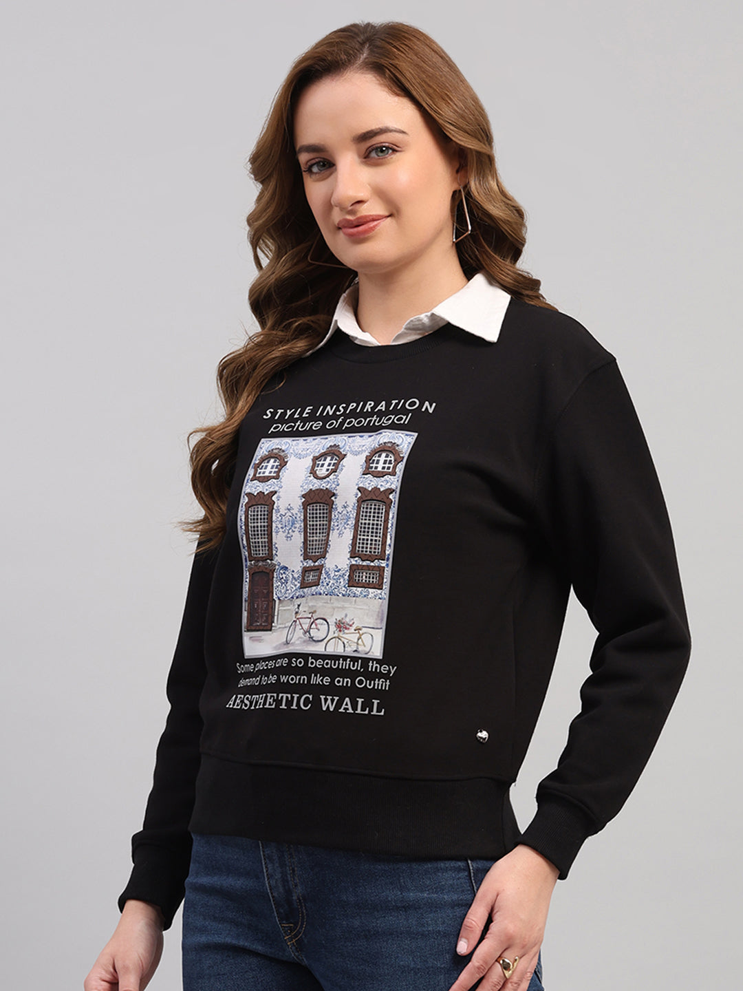 Women Black Printed Round Neck Full Sleeve Sweatshirt