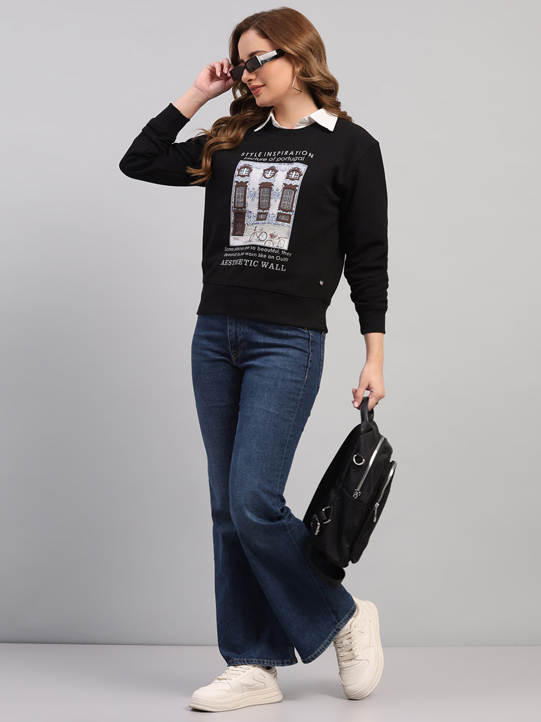 Women Black Printed Round Neck Full Sleeve Sweatshirt