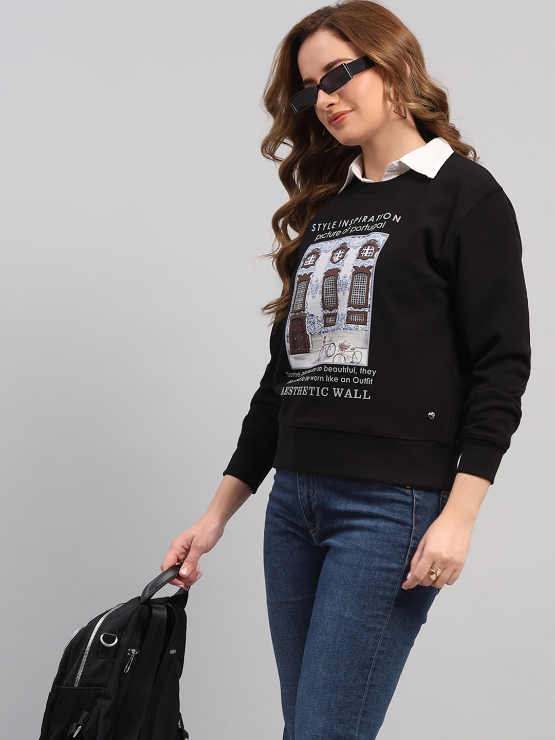 Women Black Printed Round Neck Full Sleeve Sweatshirt