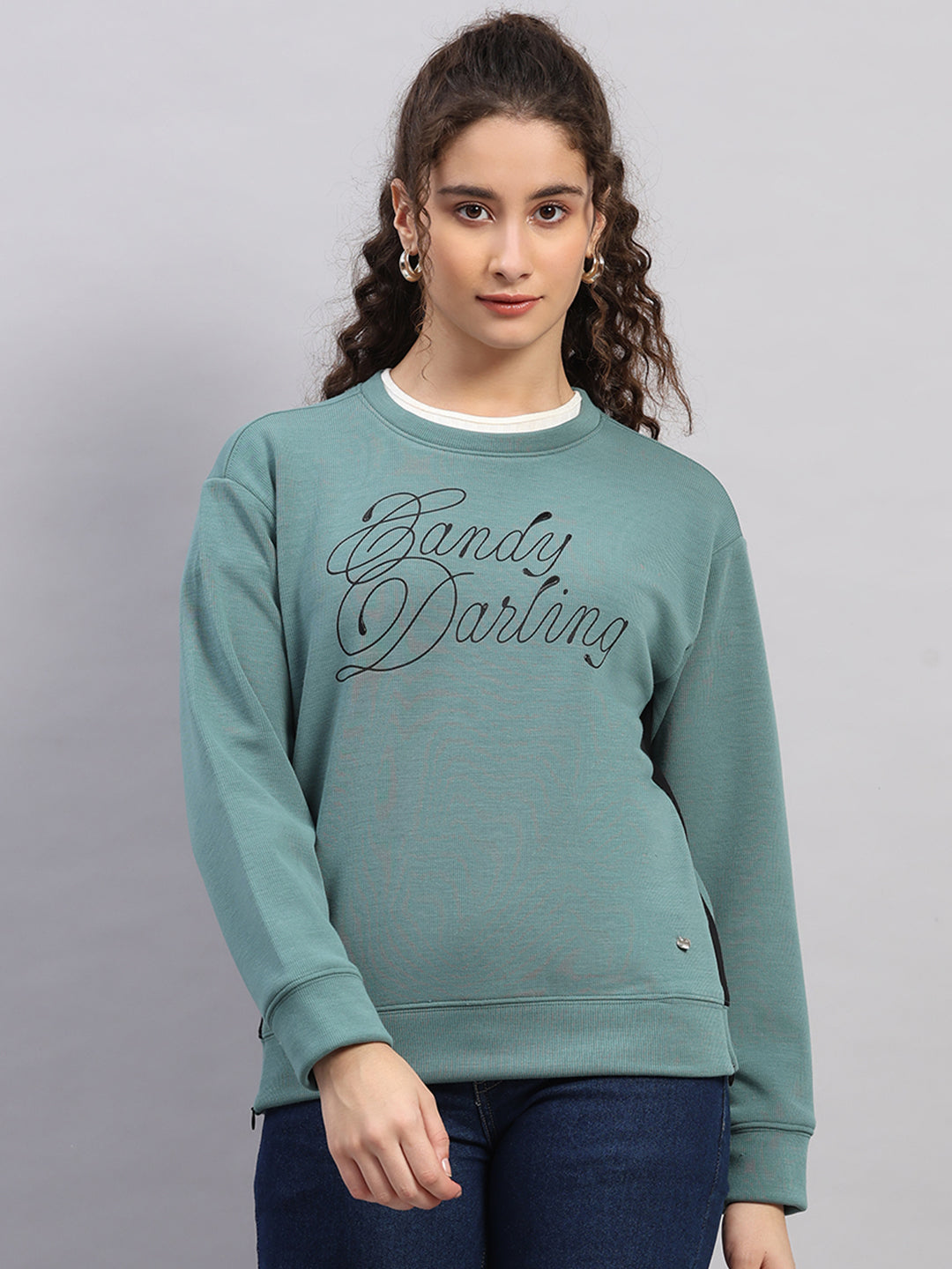 Women Green Printed Round Neck Full Sleeve Sweatshirt