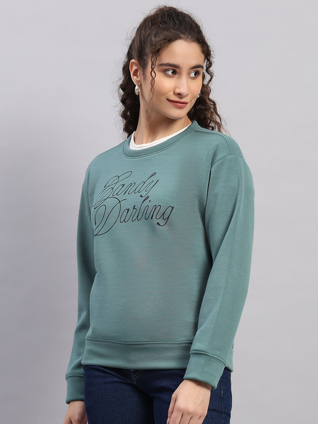 Women Green Printed Round Neck Full Sleeve Sweatshirt
