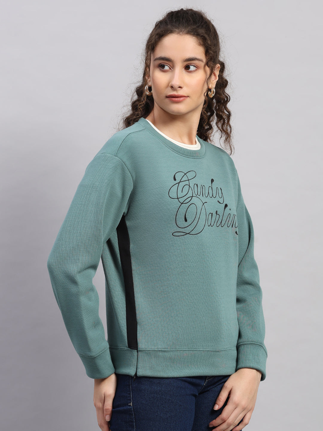 Women Green Printed Round Neck Full Sleeve Sweatshirt