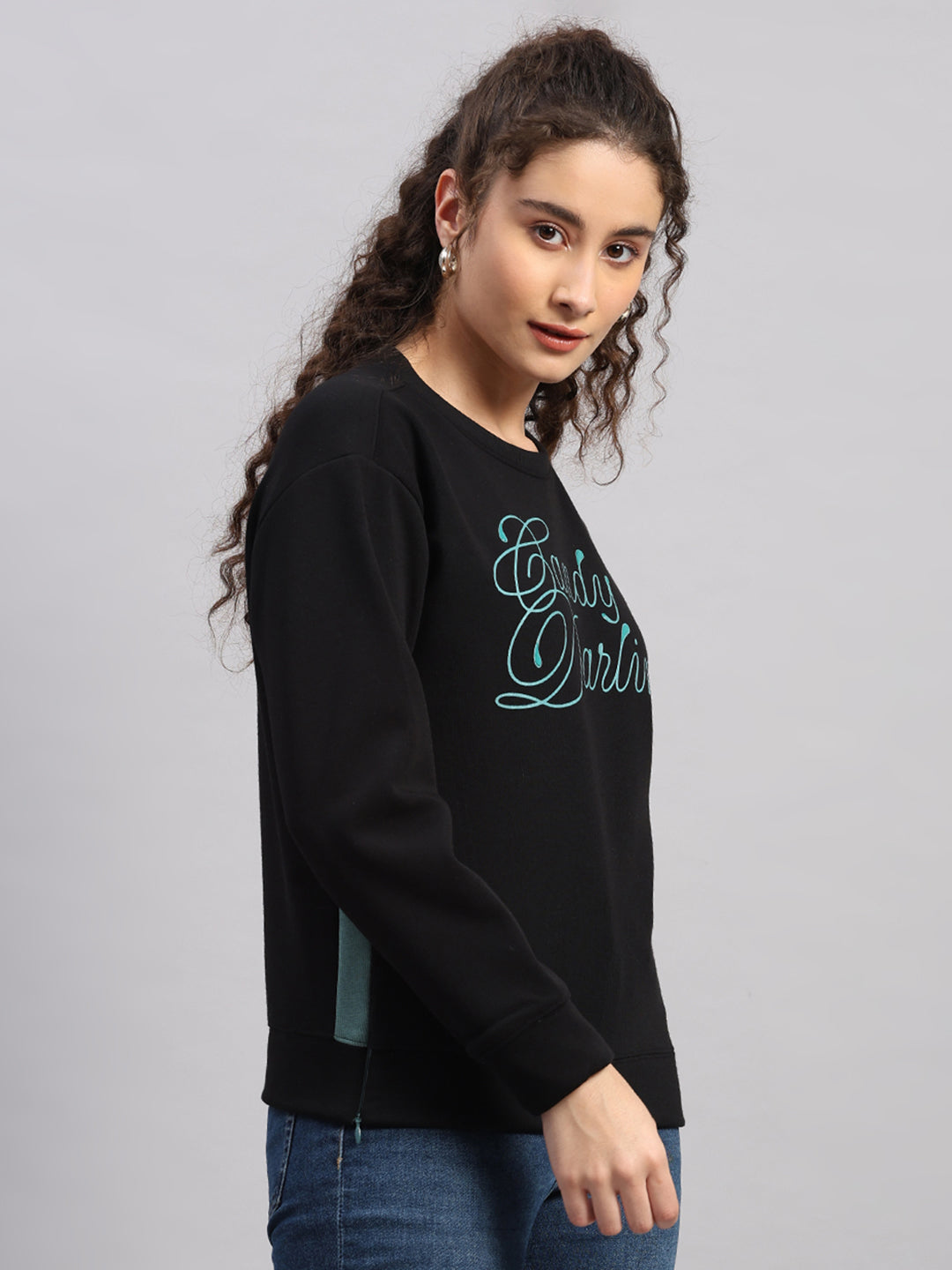 Women Black Printed Round Neck Full Sleeve Sweatshirt
