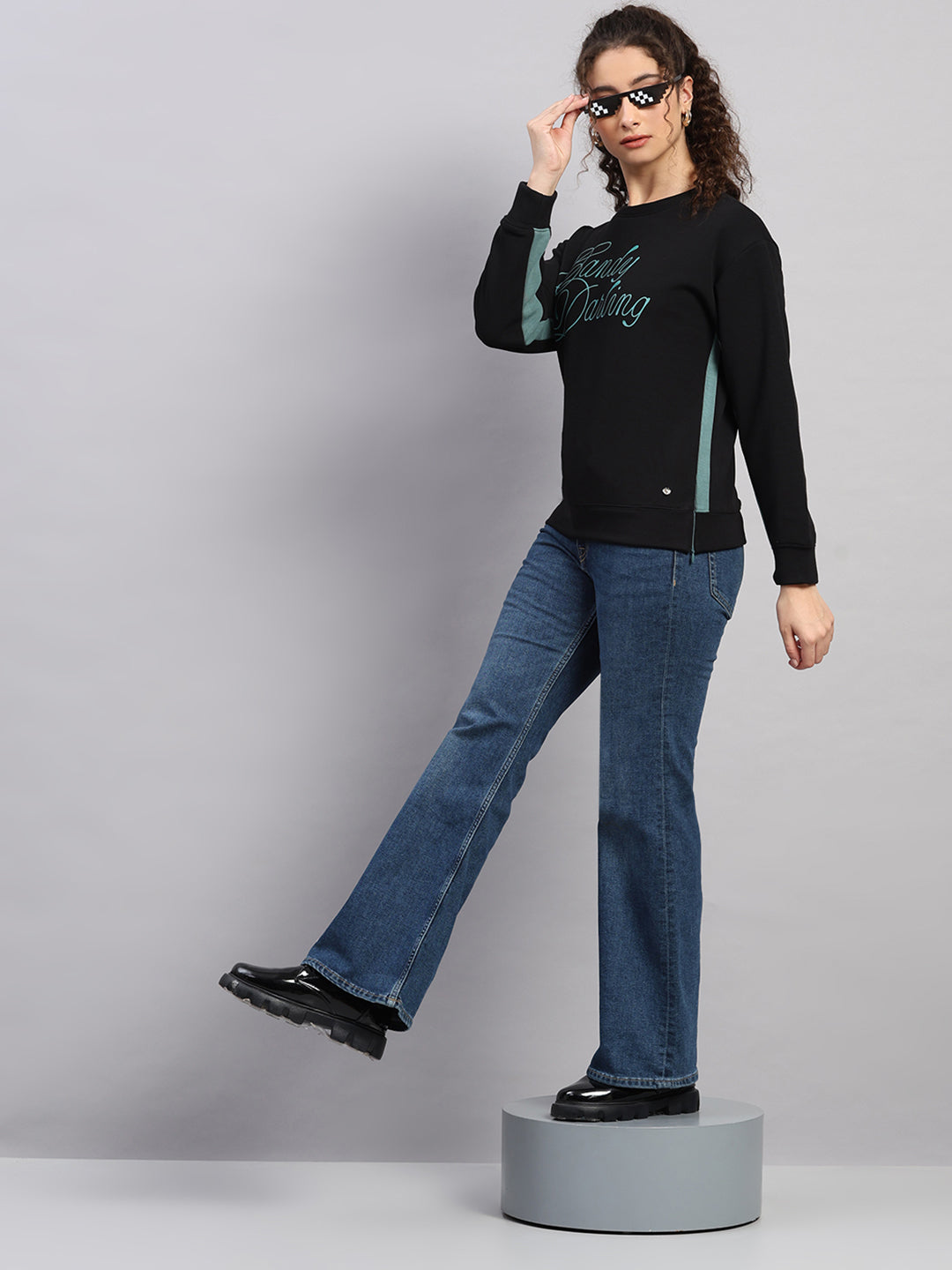 Women Black Printed Round Neck Full Sleeve Sweatshirt