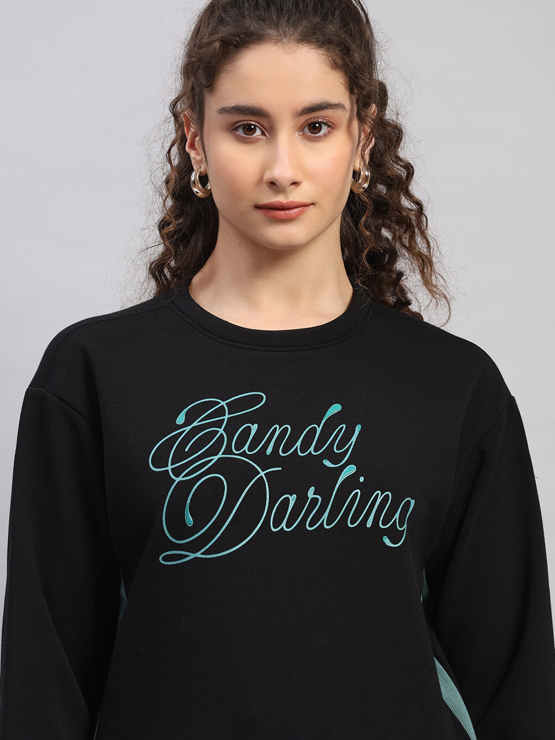 Women Black Printed Round Neck Full Sleeve Sweatshirt