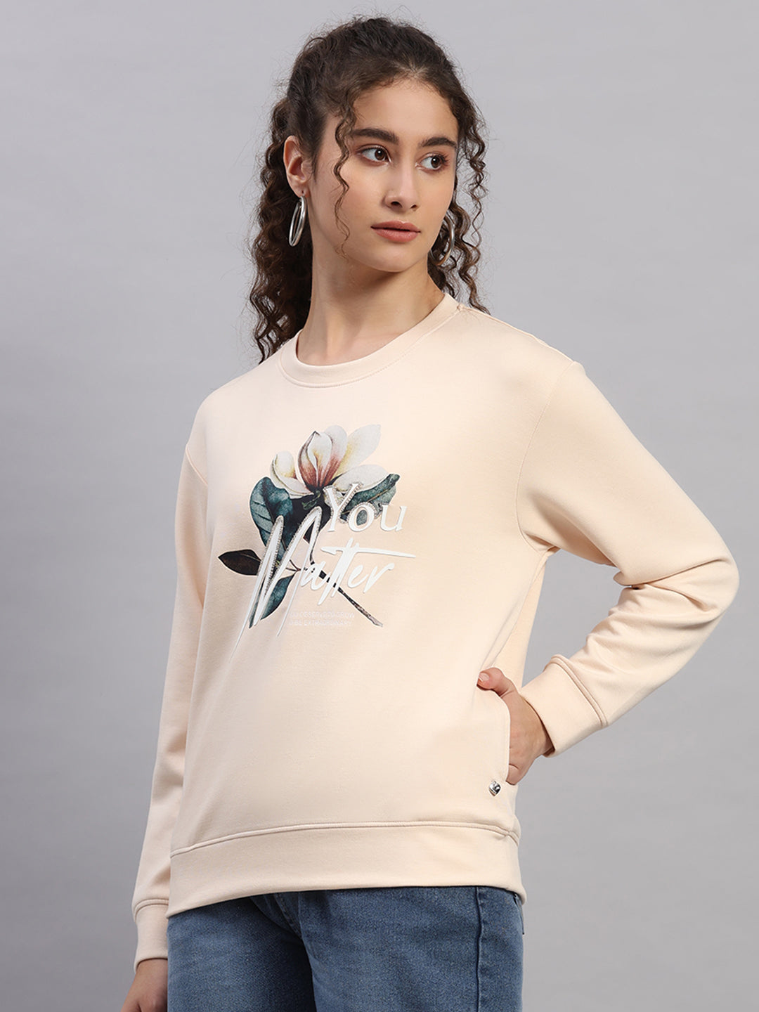 Women Peach Printed Round Neck Full Sleeve Sweatshirt