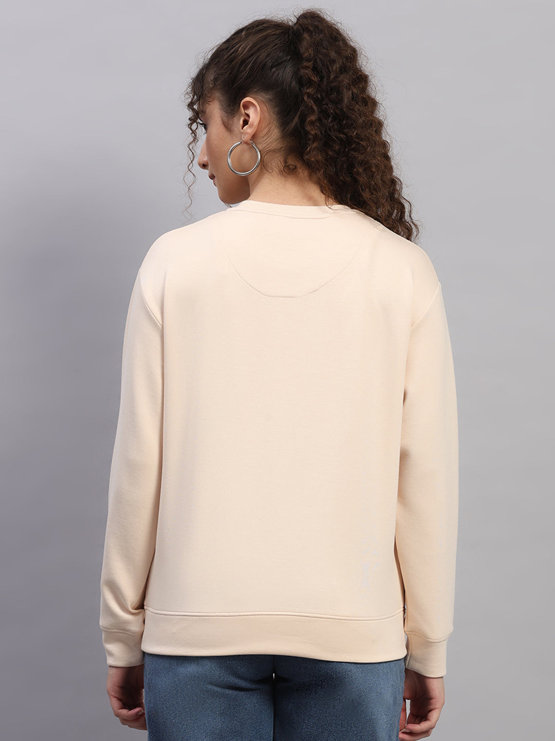 Women Peach Printed Round Neck Full Sleeve Sweatshirt