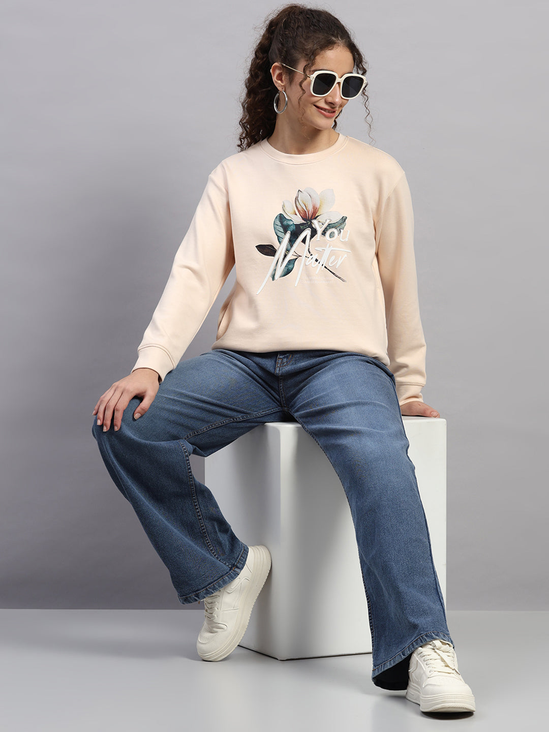 Women Peach Printed Round Neck Full Sleeve Sweatshirt