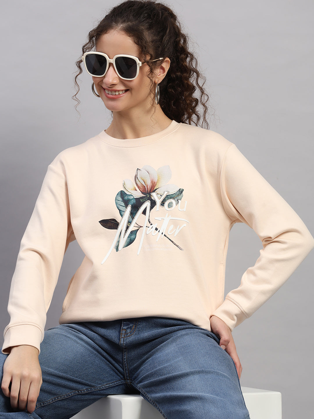 Women Peach Printed Round Neck Full Sleeve Sweatshirt