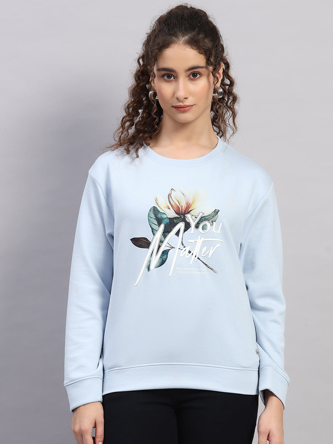 Women Sky Blue Printed Round Neck Full Sleeve Sweatshirt