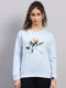 Women Sky Blue Printed Round Neck Full Sleeve Sweatshirt