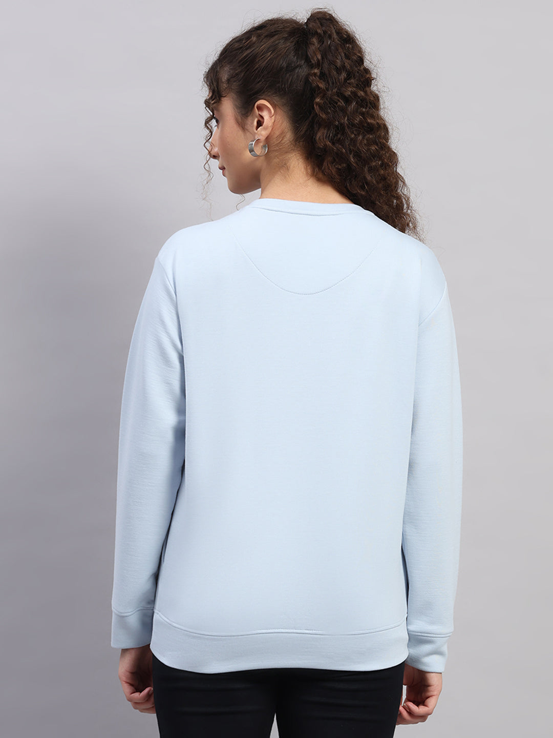 Women Sky Blue Printed Round Neck Full Sleeve Sweatshirt