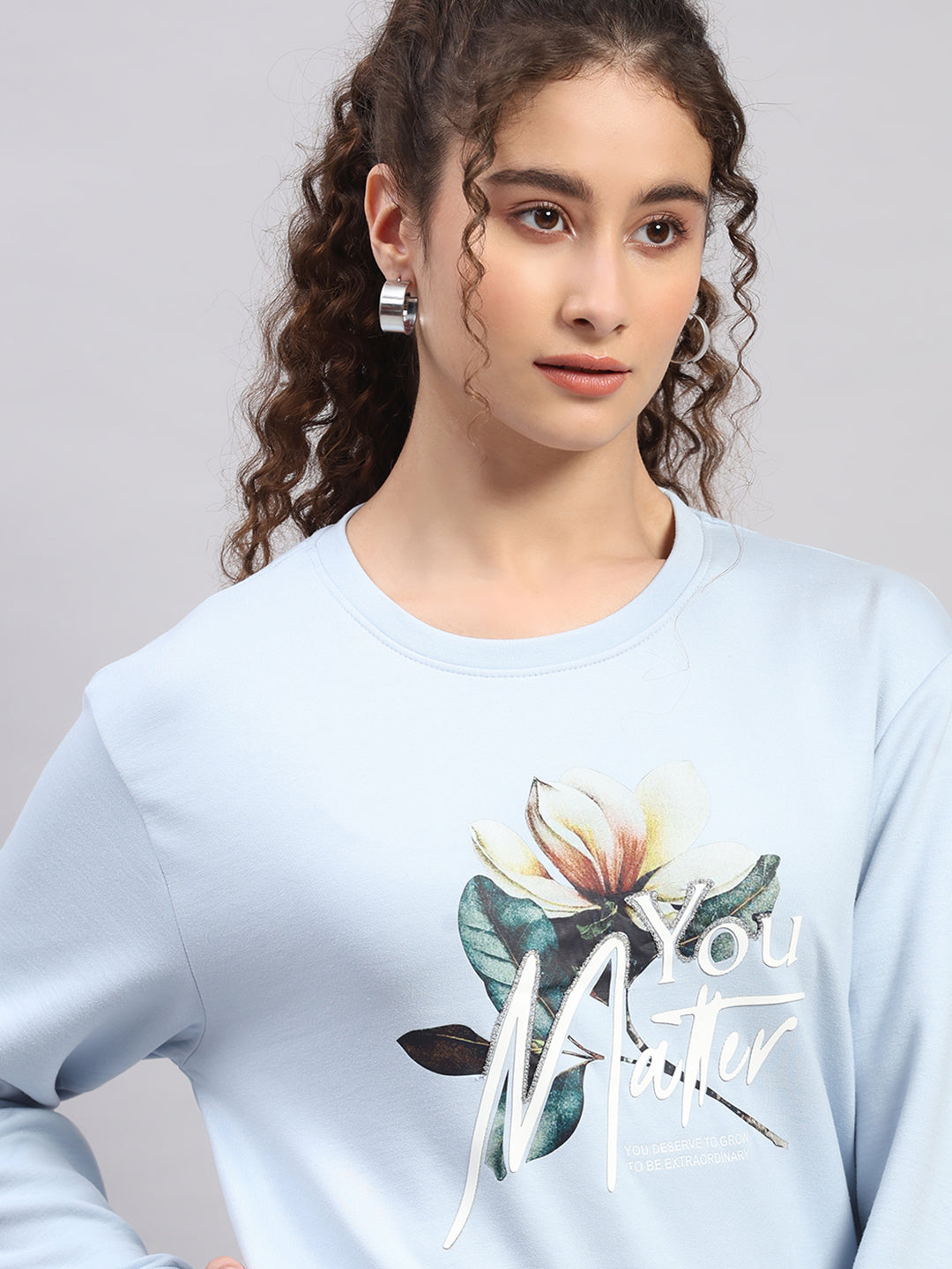 Women Sky Blue Printed Round Neck Full Sleeve Sweatshirt