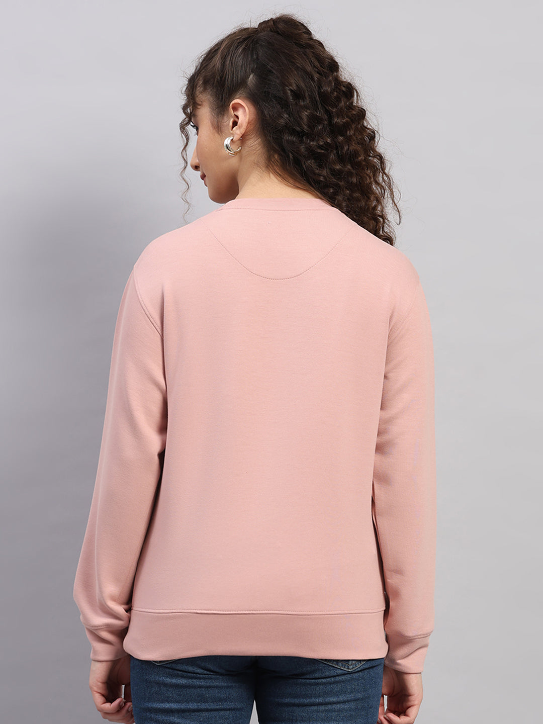 Women Pink Embroidered Round Neck Full Sleeve Sweatshirt
