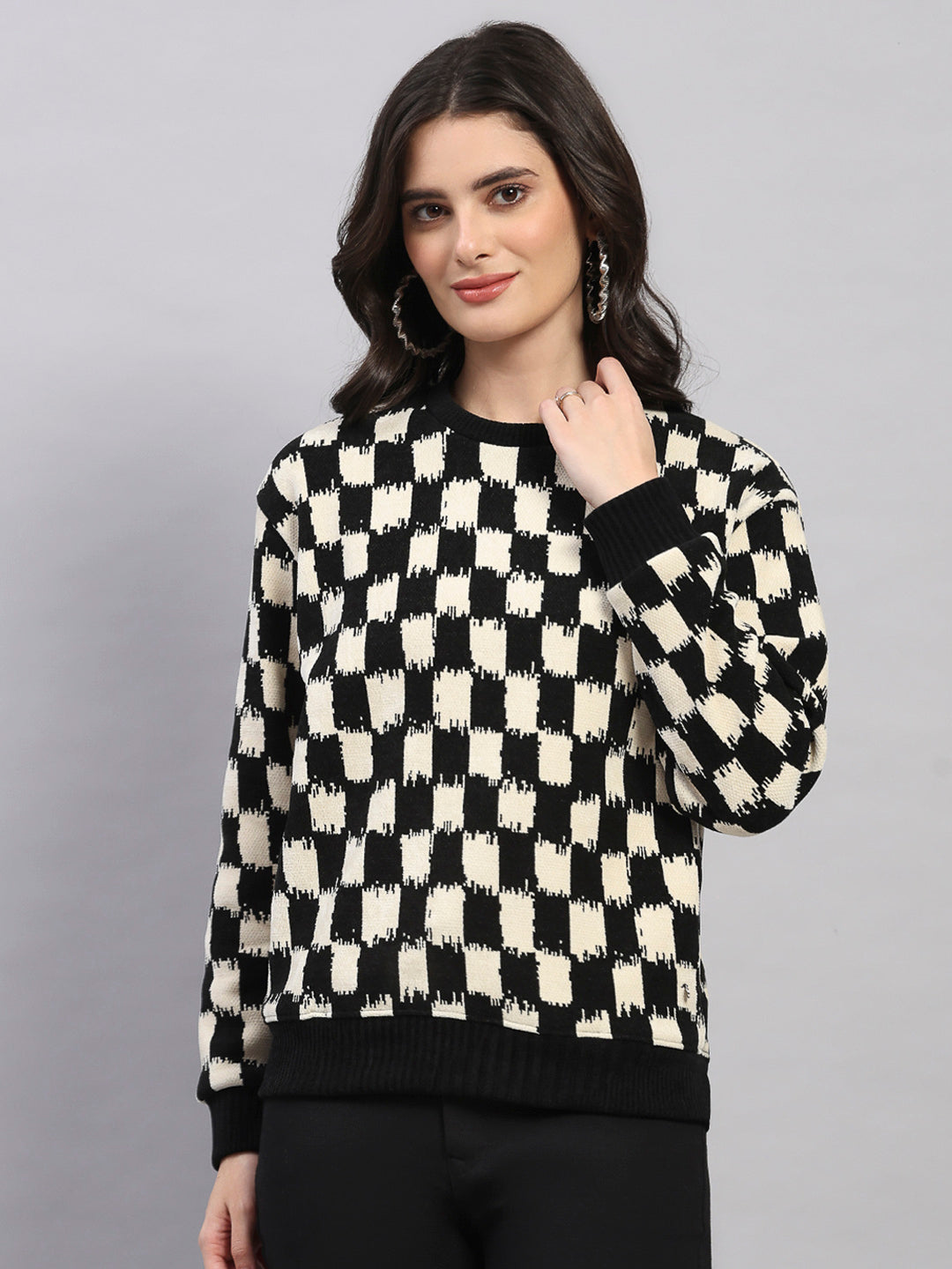 Women Black Self Design Round Neck Full Sleeve Sweatshirt