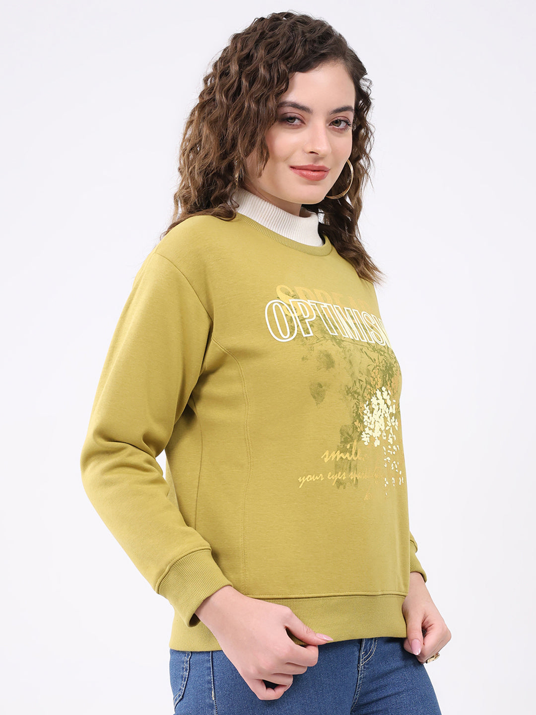 Women Mustard Printed Round Neck Full Sleeve Sweatshirt