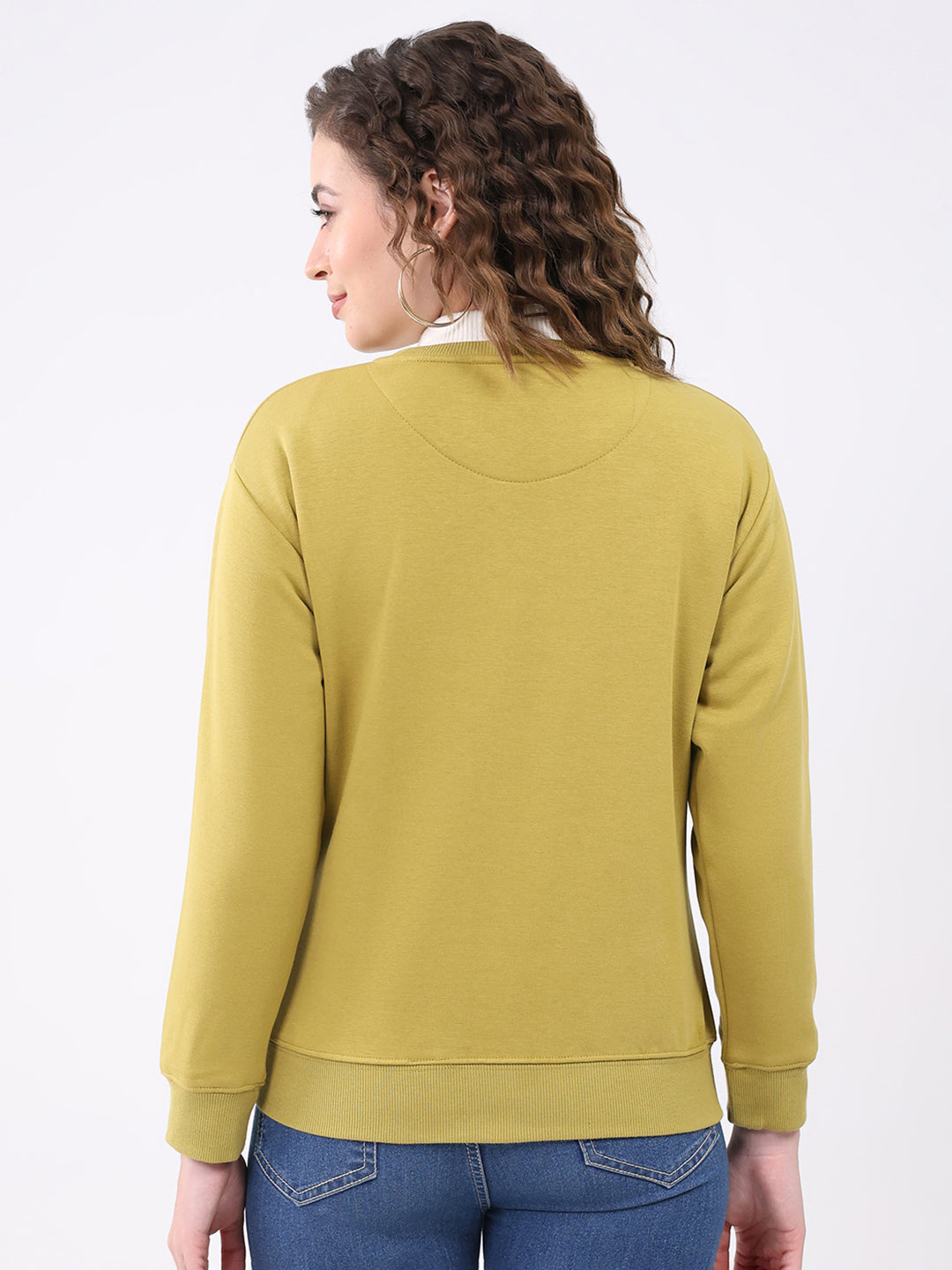 Women Mustard Printed Round Neck Full Sleeve Sweatshirt