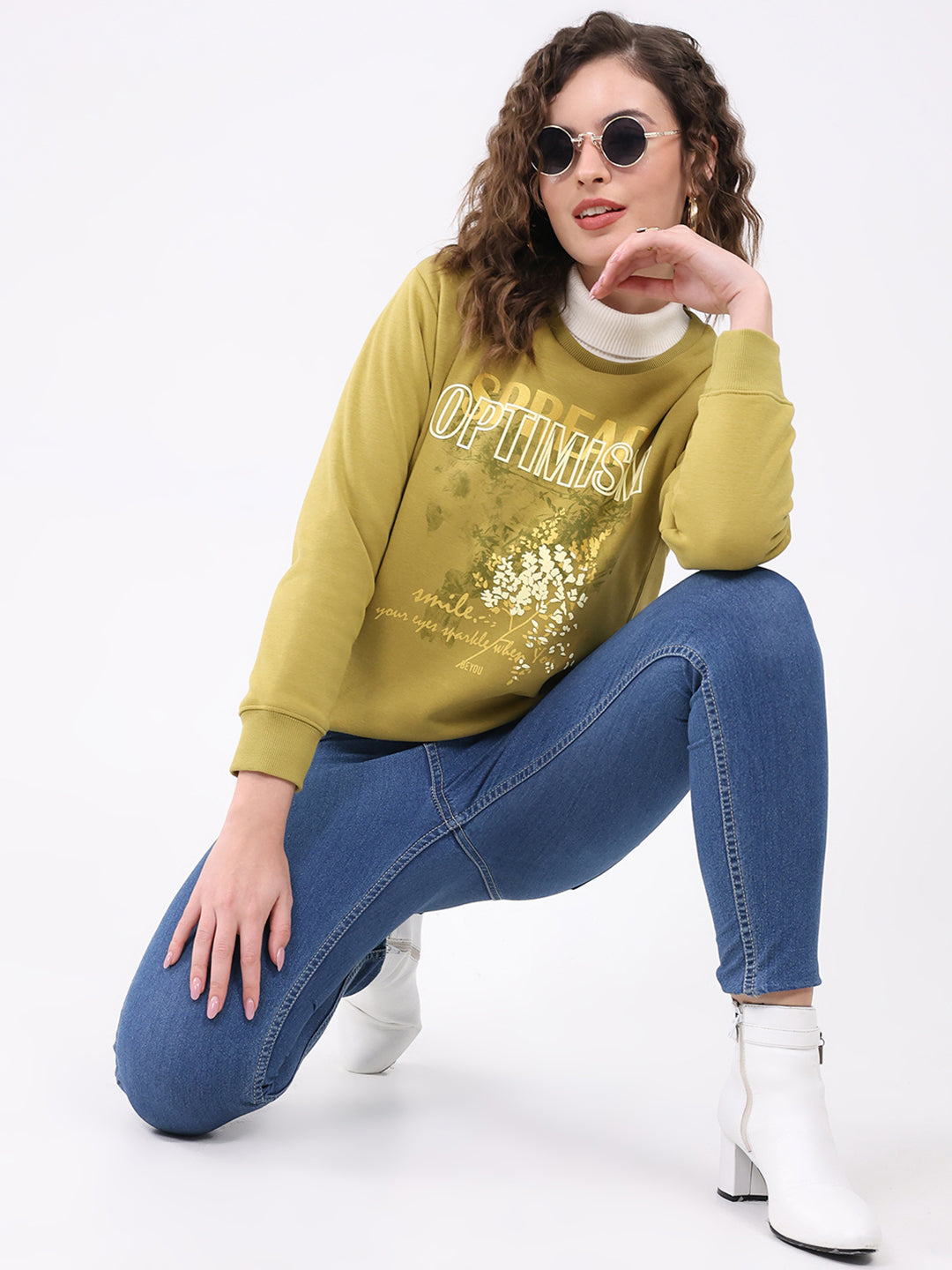 Women Mustard Printed Round Neck Full Sleeve Sweatshirt