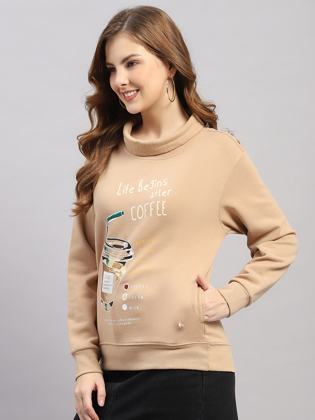 Women Brown Printed Round Neck Full Sleeve Sweatshirt
