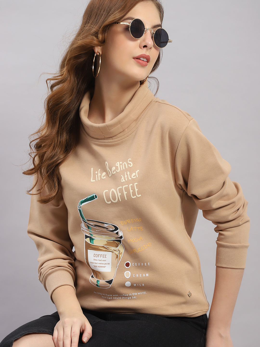 Women Brown Printed Round Neck Full Sleeve Sweatshirt