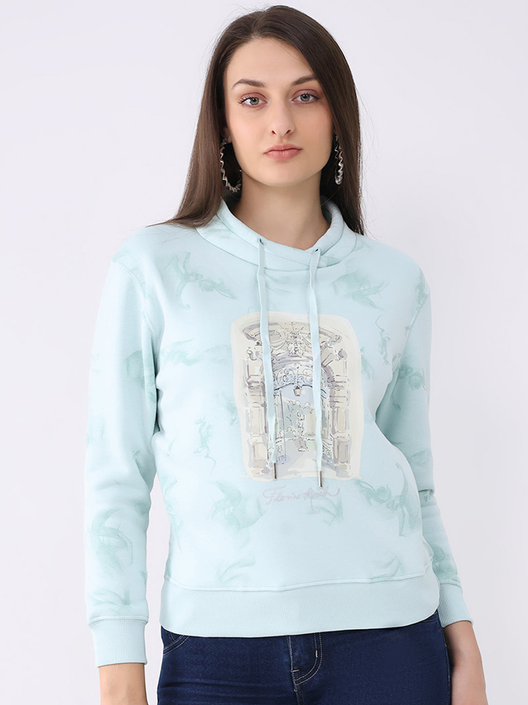Women Blue Printed Mock Neck Full Sleeve Sweatshirt