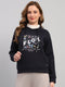 Women Navy Blue Printed Turtle Neck Full Sleeve Sweatshirt
