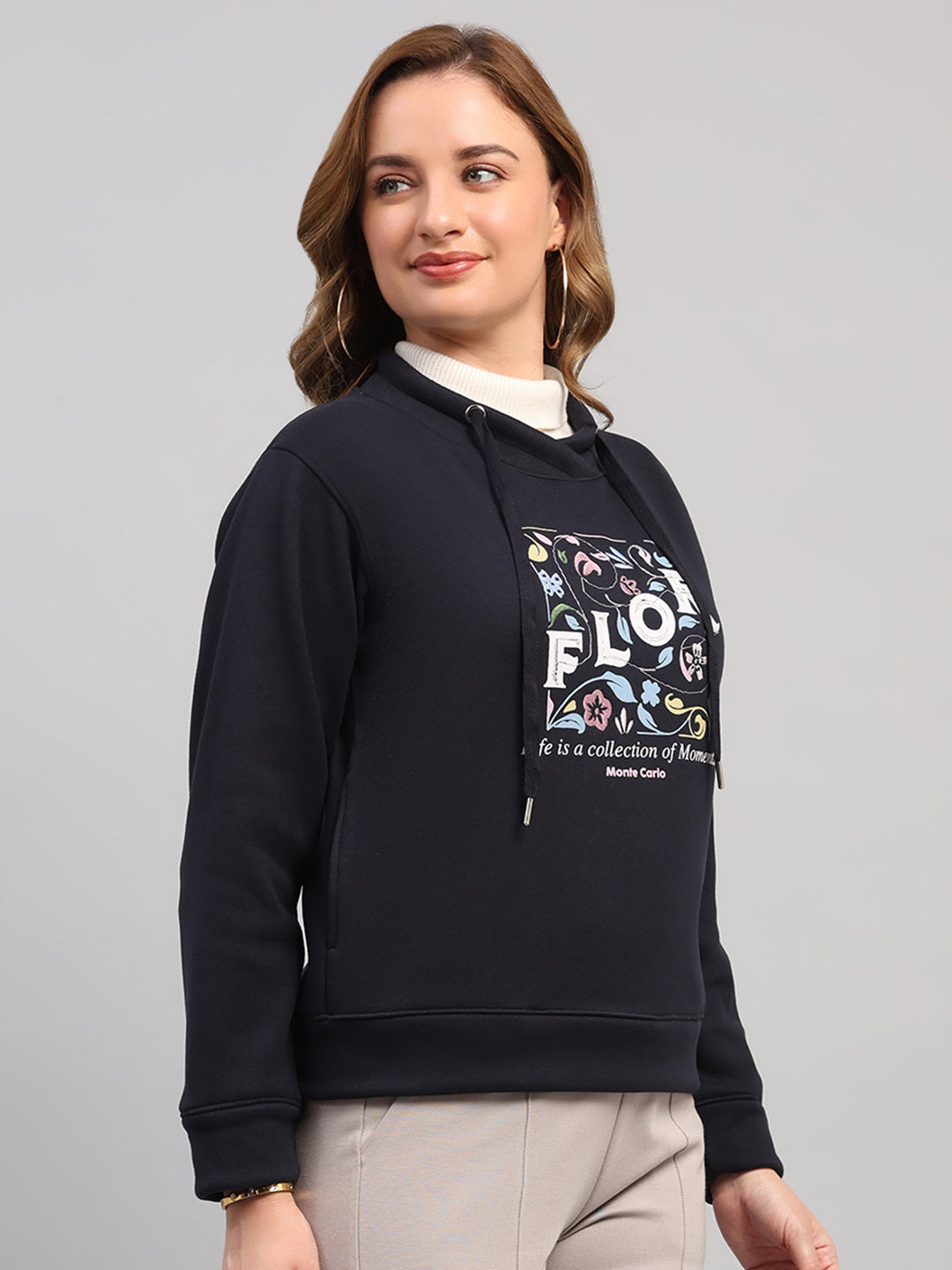 Women Navy Blue Printed Turtle Neck Full Sleeve Sweatshirt