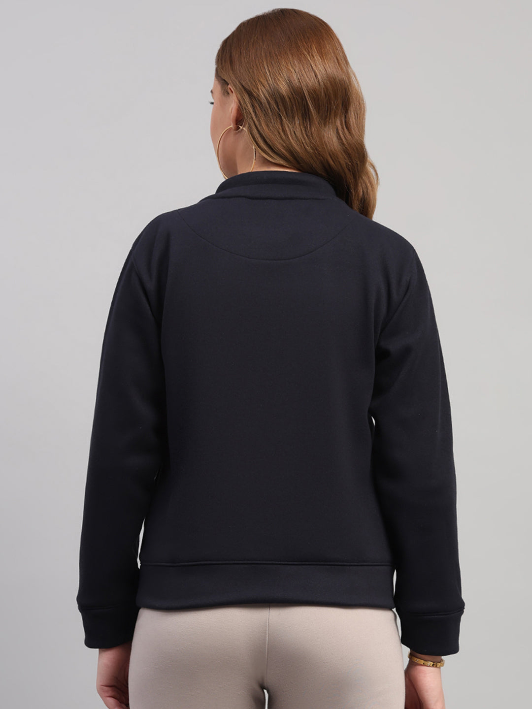 Women Navy Blue Printed Turtle Neck Full Sleeve Sweatshirt