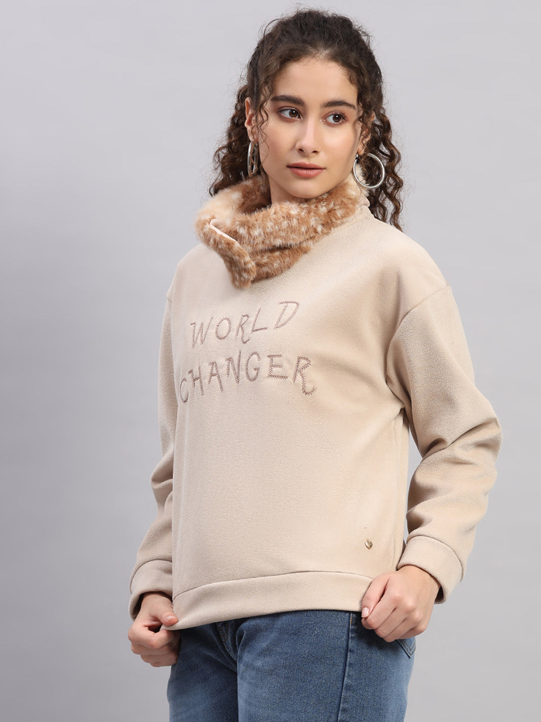 Women Beige Embroidered Round Neck Full Sleeve Sweatshirt
