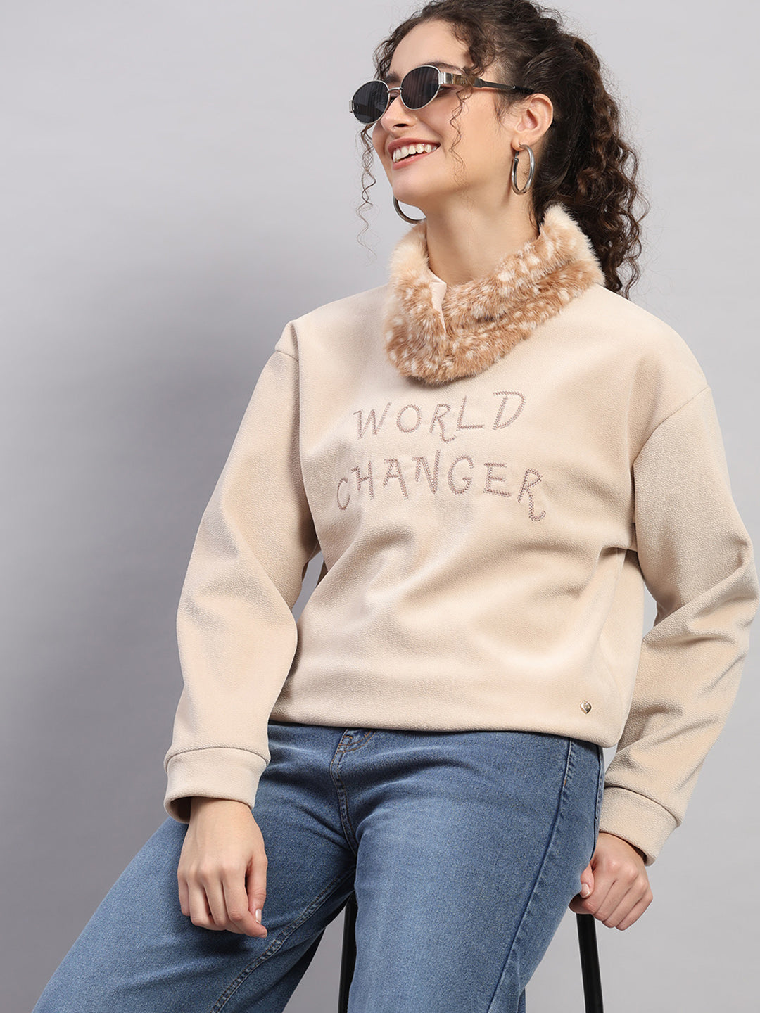 Women Beige Embroidered Round Neck Full Sleeve Sweatshirt